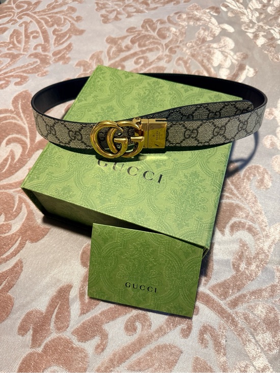 Gucci Accessories - Gucci GG Monogram Reversible Belt with Gold Double G Buckle - Beige/Black